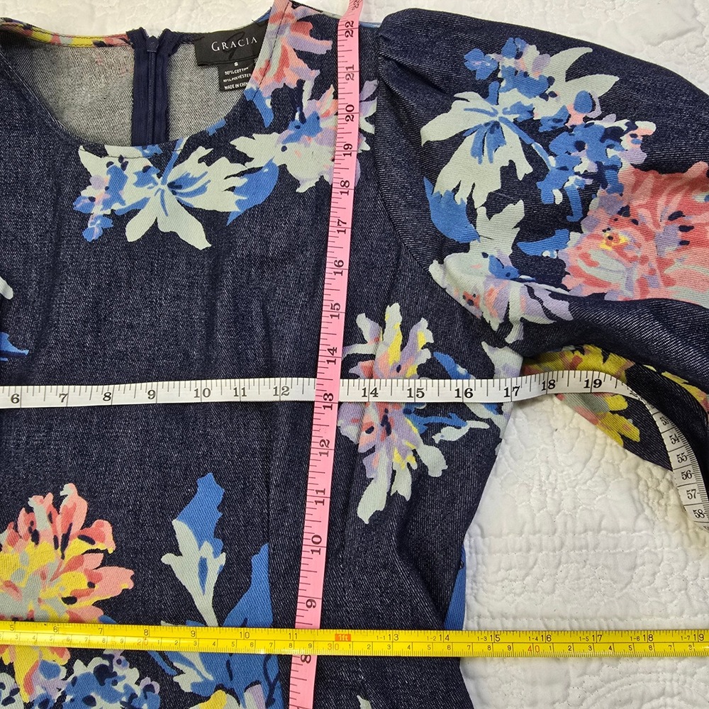 Gracia‎ Denim Peplum Floral Puff-Sleeve Top Small Back Zip Cotton Blend - Picture 5 of 5